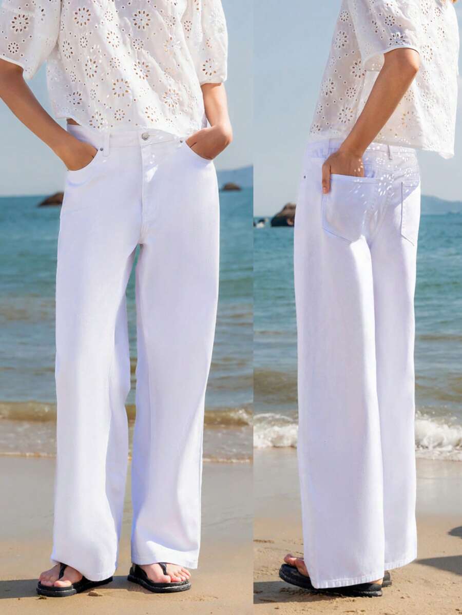 Lumivelle 女士休闲中腰直筒牛仔裤，带口袋，百搭 - 白色 - 查看 1