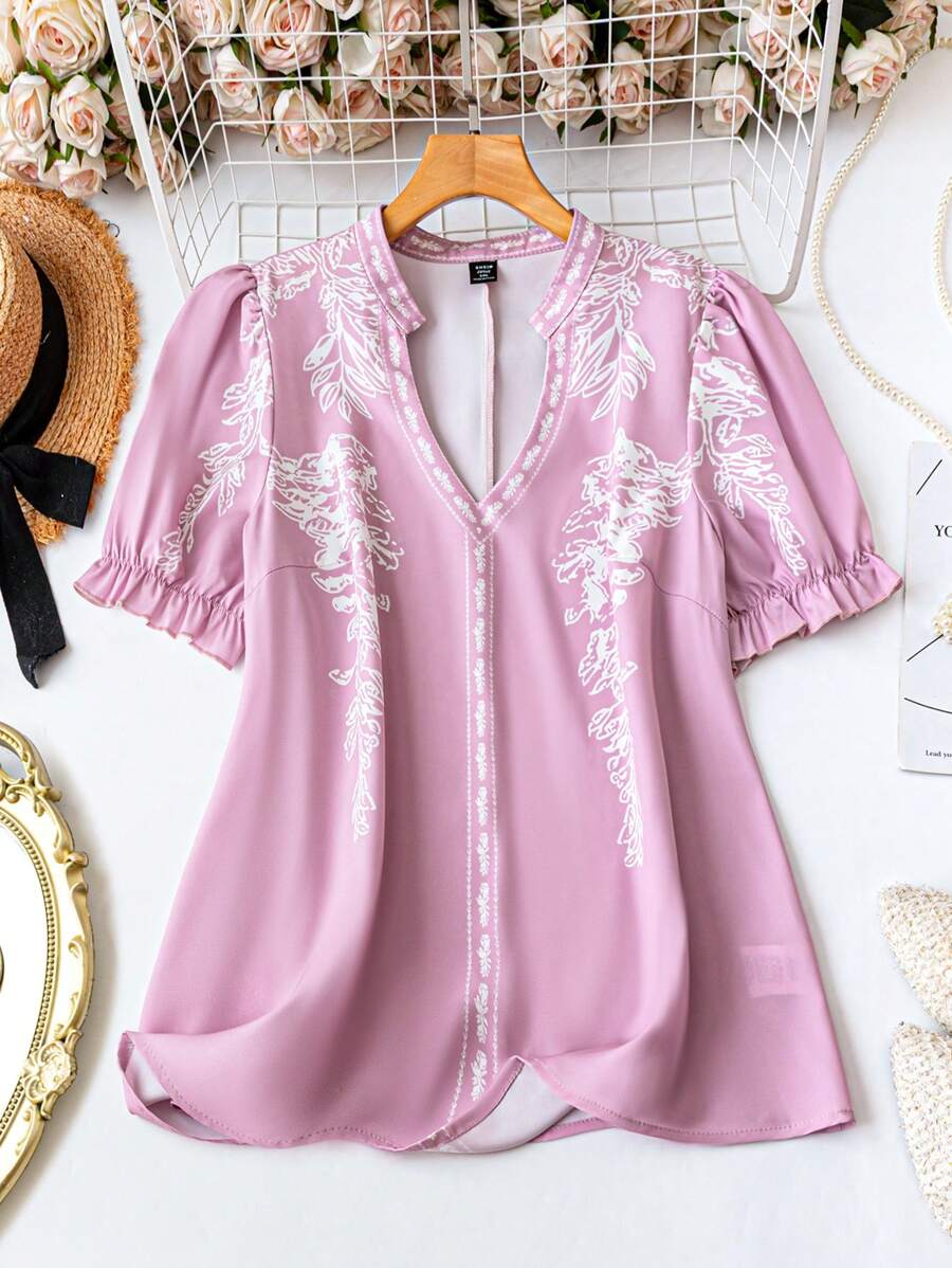 SHEIN LUNE Plus Size Women's White Printed V-Neck Short Sleeve Top, Elegant For Party And Commuting - Multicolor - View 1