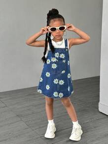 SHEIN Sparklyn 适合年轻女孩的花卉印花牛仔连衣裙，可爱休闲，适合日常穿着，夏季 - 深色水洗藍 - 查看 4