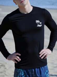 SHEIN Teen Boys Rashguard Swimsuit With Contrast Palm Tree Print, Long Sleeve, Casual Athletic, Soft Fabric, Versatile For Swimming, Outdoor, Travel, Beach, Suitable For Spring/Summer Rash Guard Boy Rash Guard Black Rash Guard Fall Winter - Black - View 2