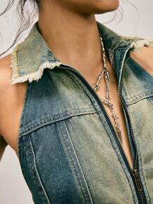 Easelle Women's Halter Backless Sexy Fringe Edge Zip-Up Contrast Color Sleeveless Denim Top - Blue - View 4