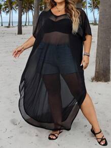 SHEIN CURVE+ Vestito estivo da donna con taglio a vista, manica corta, girocollo, in tessuto traslucido e colorazione tinta unita, con orlo fendente, adatto per l'estate, vacanze in campagna, spiaggia