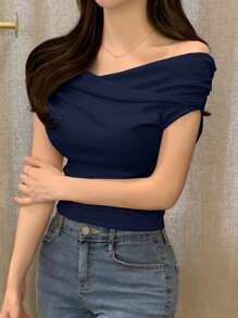 DAZY Camiseta de mujer de manga corta con hombros descubiertos de unicolor, top con hombros descubiertos para primavera/verano - Azul Marino - Ver 2