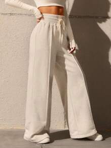 SHEIN EZwear Solid Drawstring Waist Wide Leg Sweatpants Graduation,Back To School Outfits,Graduation,Teacher Outfits For Women,Back To School