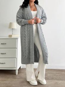 PLUS SIZE WOMEN GREY COLOR RIB-KNIT LONG SLEEVE TEXTURED CASUAL CARDIGAN