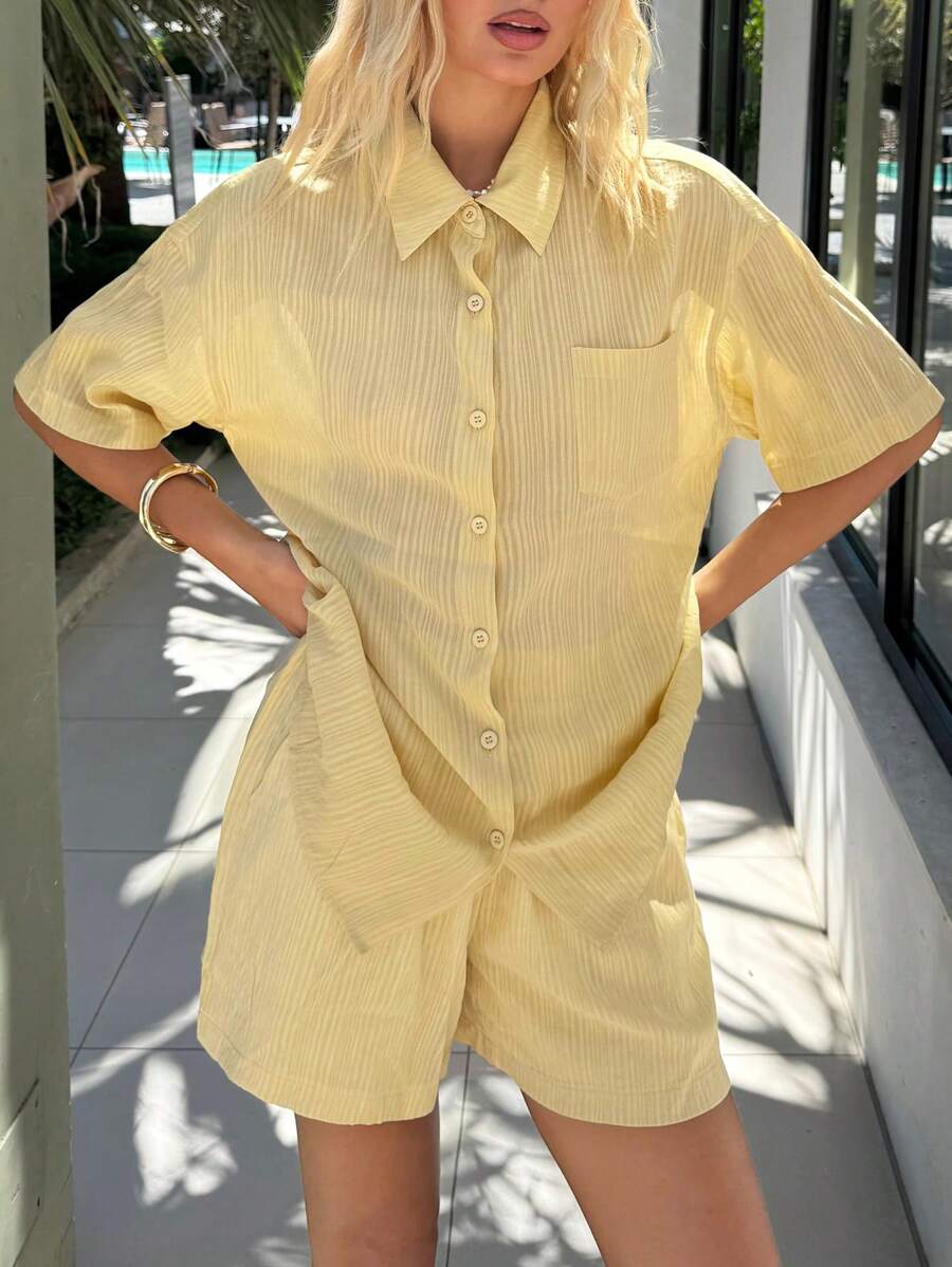 SHEIN EZwear Yellow Woven Women 2pcs Set: Button Down Short Sleeve Shirt & Shorts