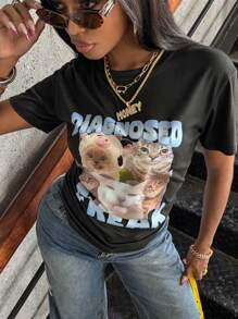 INAWLY 趣味“认证怪人”猫咪图案印花女款圆领T恤 女款图案T恤 - 黑色 - 查看 5