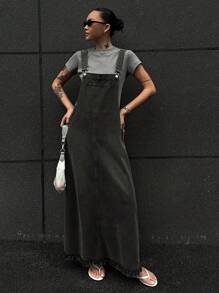 DAZY 女士休闲百搭牛仔背带连衣裙，带口袋，适合夏季、秋季穿着，返校季也可作为长款连衣裙。 - 深灰色 - 查看 3