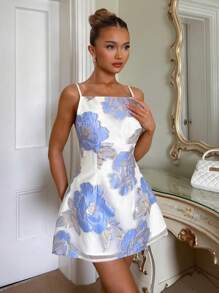 Relinas 女式欧根纱提花金属线边 A 字公主吊带裙，短款夏季迷你派对宾客婚礼酒会礼服秋季女装返校