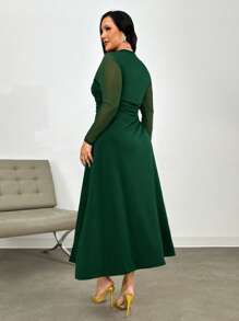 SHEIN Privé Vestido largo de corte evasé sin mangas talla grande para mujer, vestido verde de cuello alto, ajustado con ribete de volantes y abertura lateral, para otoño y vuelta al colegio