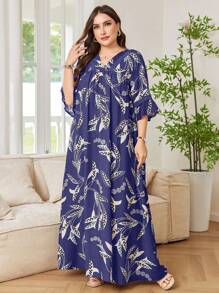 Lacomfia Casual Floral Print Ruffle Trim V-Neck 3/4 Sleeve Loose Fit Maxi Dress For Plus Size Women, Spring/Summer - Multicolor - View 6