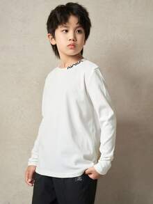 青少年男孩简约印花图案宽松圆领长袖 T 恤，休闲，适合春、夏、秋、冬 - 白色 - 查看 4