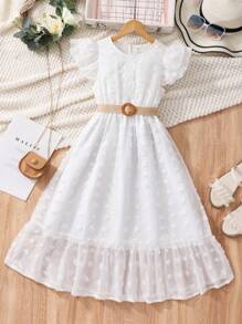 SHEIN 青少年女孩瑞士圆点短袖连衣裙，适合大童、度假、夏季和旅行 - 白色 - 查看 6