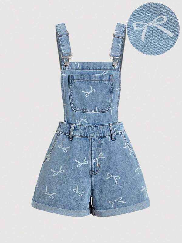 SHEIN Girlism Teenager Mädchen weiße Schleifendekor blaue Jeanslatzhose Shorts, Frühlings- und Sommer-Lässig-Urlaubs-Country-Boho-Kleidung