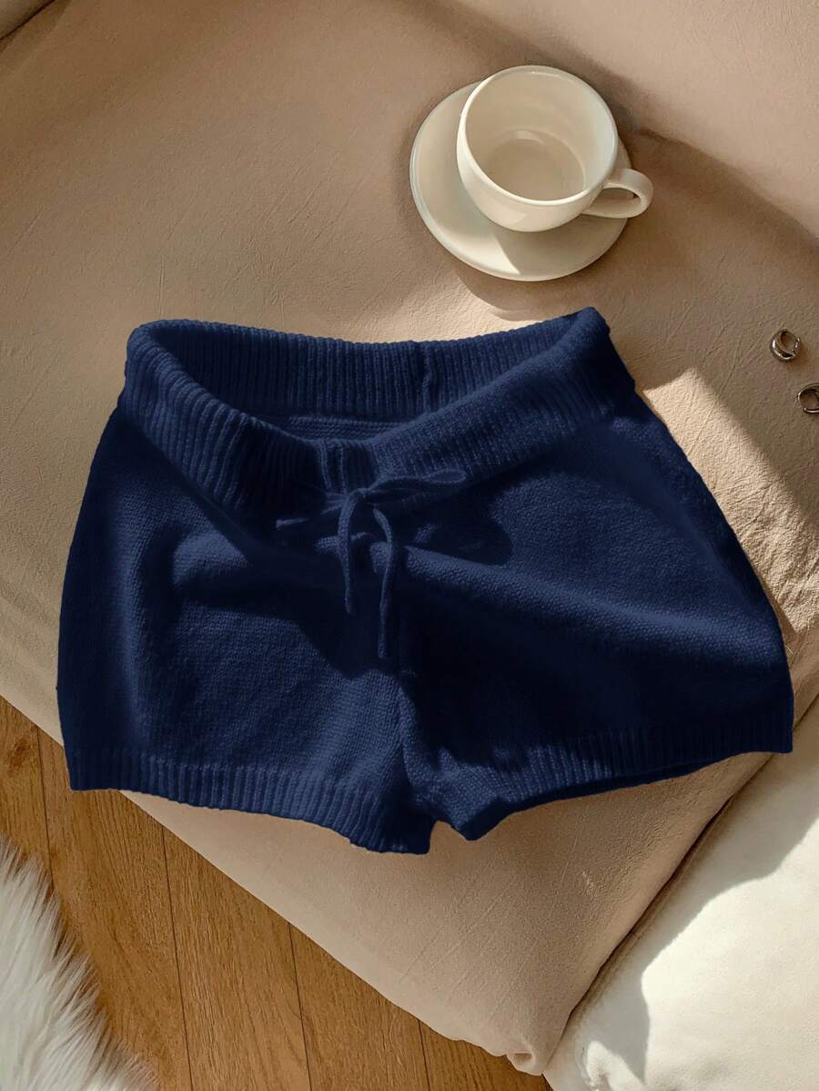 Comfortcana Women's Solid Color Waist Tie Loose Casual Knit Shorts - Navy Blue - View 1