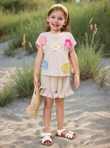 SHEIN Young Girl Casual Simple Comfortable Round Neck Short Sleeve 3D Floral Embellished T-Shirt And Shorts Set - Apricot - View 5