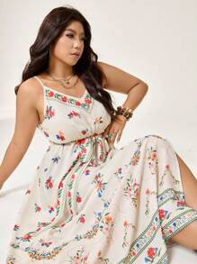 SHEIN LUNE Vestido Longo de Algodão Confortável com Divisão Lateral, Tecido Texturizado de Damasco, Plus Size Feminino - Bege - Visão 1