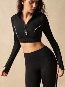 VARSIVA Contrast Trim Slim-Fit Short Athletic Sports Jacket - Black - View 10