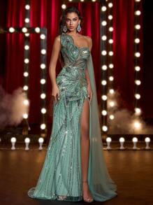 Glamrae 优雅迷人的紫红色设计，配以珠子和亮片，撞色大喇叭袖，适合婚礼、派对、度假、舞会和晚礼服 - 綠色 - 查看 8