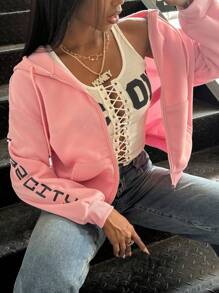 INAWLY 前拉链口袋字母印花连帽衫、休闲装、长袖上衣 - 粉色 - 查看 2