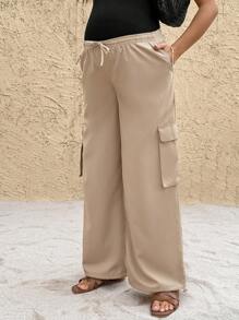 SHEIN Pantalones cargo de unicolor versátiles y casuales para maternidad - Caqui - Ver 6