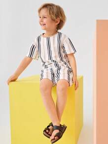 SHEIN Young Boy Striped Graphic Tee & Shorts Set - Multicolor - View 2