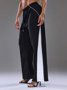 MUSERA Wide Leg Elasticated Stripe Detail Track Joggers , Summer, Streetwear, Y2k, Cool Girl,City Muse Beach Thanksgiving - Black - View 3