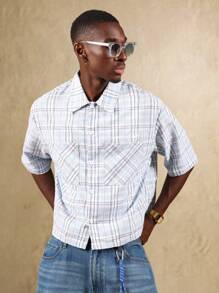 SUMWON Short Sleeve Cotton Check Shirt Button Down Vacation Summer Weekend Regular Fit Classic Western Casual Spring - Blue - View 5