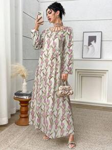 Yasmyna 女式花卉印花立领长袖优雅阿拉伯风格连衣裙 - 彩色 - 查看 6