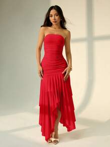 SHEIN PETITE Váy xòe không dây viền bất đối xứng dành cho nữ, phù hợp cho mùa hẹn hò và mùa cưới, váy mùa hè dành cho nữ - Đỏ - Xem 8