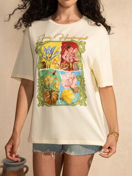 SHEIN Touch of Art T-shirt surdimensionné pour femme d'été, décontracté, avec un touch d'art, imprimé floral et lettrage, à épaules tombantes