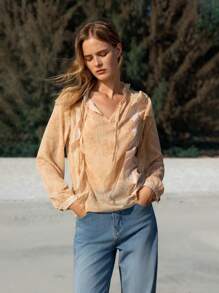 Lumivelle Blusa de Chiffon Transparente com Babados e Gola de Laço, Estilo Primavera/Verão, Estilo Férias - Laranja - Visão 6