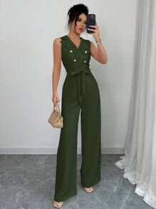 Elenzga 新款优雅休闲翻领双排扣束腰无袖女式连体衣，春夏季 - 綠色 - 查看 1