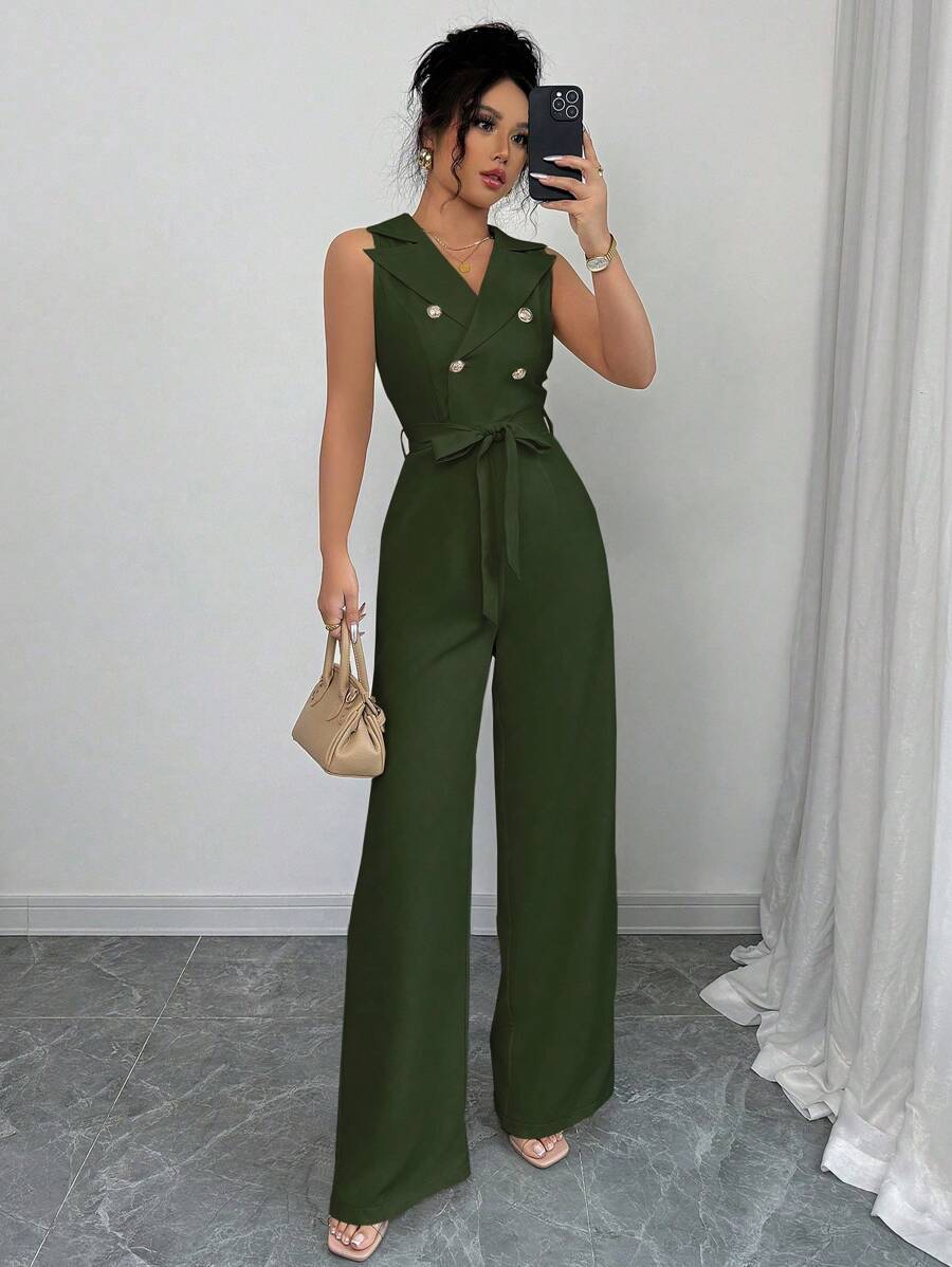 Elenzga 新款优雅休闲翻领双排扣束腰无袖女式连体衣，春夏季 - 綠色 - 查看 1