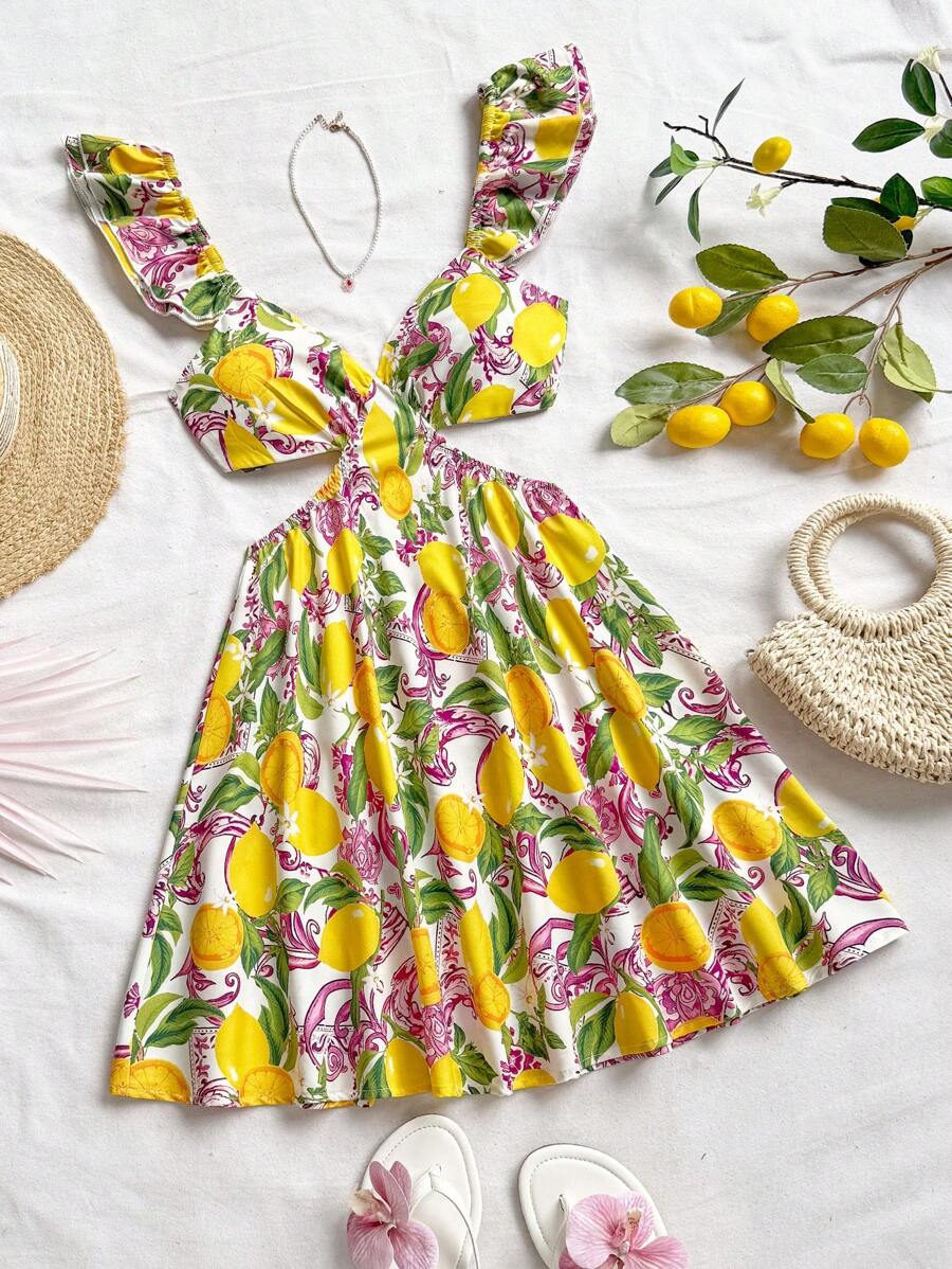 Soleia WYWH 女士度假吊带 V 领后系蝴蝶结热带印花女式连衣裙 - 彩色 - 查看 1