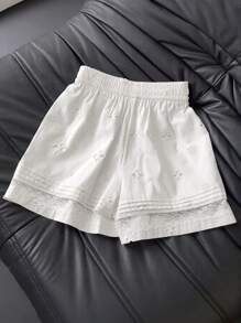 SHEIN Clasi Vacation Casual Solid Color Hollow Embroidered Lace Splice Shorts - White - View 2