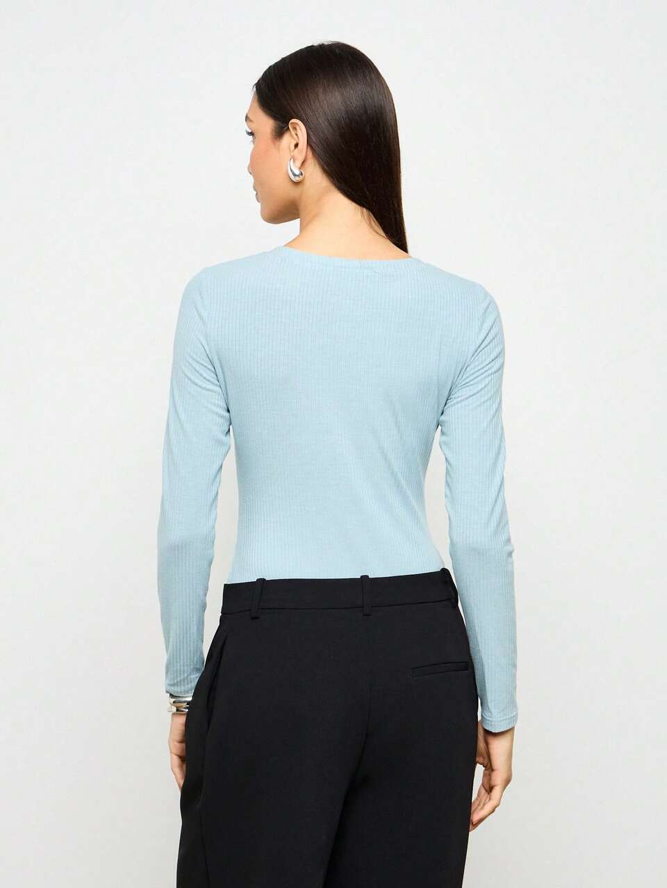 AiiRZ Long Sleeve Ribbed Henley Bodysuit Business Casual Office Wear Classic Fitted Work Basics Autumn Winter Spring