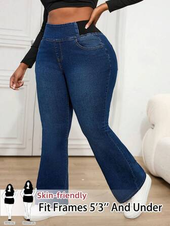 SHEIN PETITE CURVE Plus Size Women Navy Blue Elastic Denim Flared Jeggings Holiday Airport