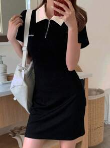 DAZY 女士字母印花拼色拉链前开襟系带腰部休闲短款连衣裙太阳裙衬衫裙 - 黑色 - 查看 4