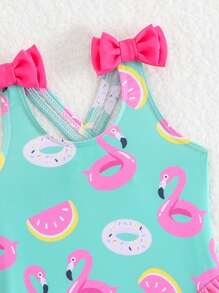 Wborn Newborn Swimsuit, Flamingo & Donut Green Printed Knit Fabric Ruffled Romper Swimwear, Shoulder Double Bow Design, Girls Fashion Casual Elegant Suitable For Swimming, Vacation, Summer Flamingo Swimsuit Baby Girl Swimsuit Toddler Swimsuit Toddler Girl Swimsuit Babygirl Swim Suit