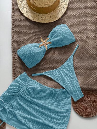 Swim Vcay Set de 3 piezas de bikini con textura y sin tirantes con diseño de estrella de mar, traje de baño sexy