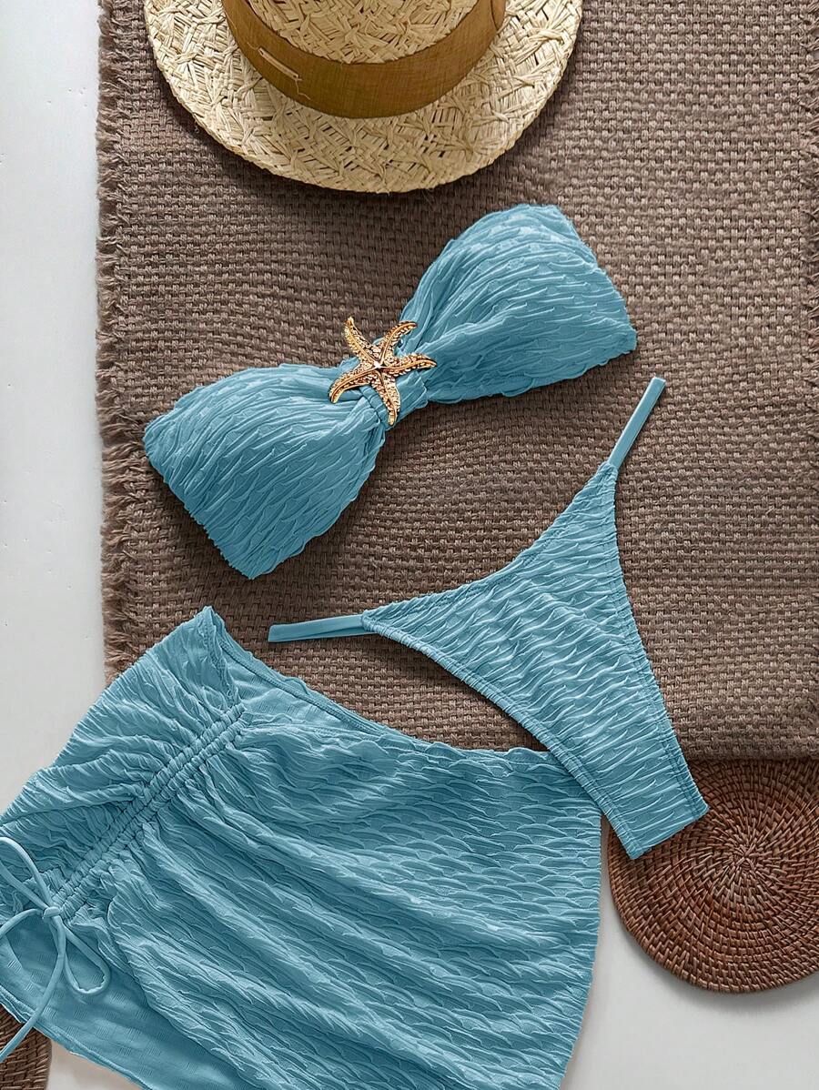 Swim Vcay 3pcs Textured Strapless Starfish Bikini Sexy Swimsuit Set For Summer Beach Vacation - Teal Blue - View 1