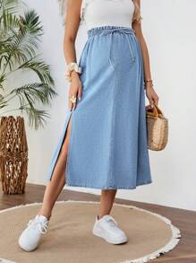 SHEIN Maternity Washed Blue Denim Skirt With Side Slit, Loose And Casual