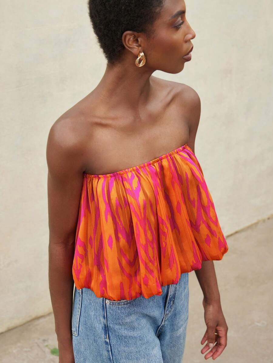 Aveloria Modichic Women Vacation Beach Style Oil Painting Print Chiffon Halter Cropped Top, Spring/Summer