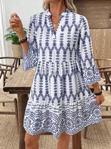 EMERY ROSE 女式复古印花长袖短款休闲连衣裙 - 彩色 - 查看 4