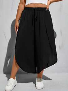 SHEIN Essnce Quần ống rộng thời trang xuân hè cho nữ cỡ lớn, rộng rãi và thoải mái hàng ngày, đa năng, mát mẻ, xẻ tà cao, cạp chun, quần ống rộng màu đen, quần lửng, quần nữ, quần rộng thùng thình, trang phục đi nghỉ, trang phục đi biển cho phụ nữ, quần ống cong - màu đen - Xem 7