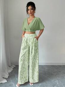 Breezaya Set de 2 piezas de verano para mujer, que incluye blusa de cuello en V de manga corta con botones y pantalones de pierna ancha de cintura alta - Verde - Ver 3