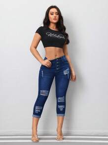SHEIN Plus Size Women Distressed Denim Capri Pants With Multiple Buttons, Stylish  Summer Outfits For Women Festival Outfits Elegant Vacation Outfits Woman - Blue - View 3