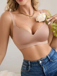 SHEIN 1 件装 无缝简约波浪边纯色无钢圈聚拢全罩杯女士文胸 - 淺粉色 - 查看 3