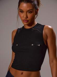 MUSERA Fitted Metal Chest Detail Fitted Tank Top Spring, Summer, Holiday, Festival, Rave, Grunge, Cool Girl, Y2K